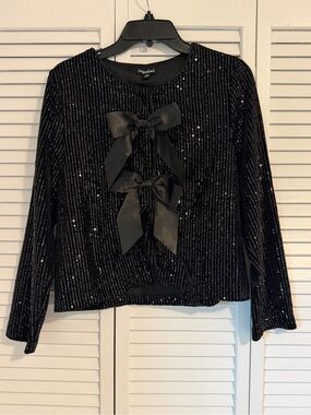 Black Sequin Long-Sleeve Bow-Front Top